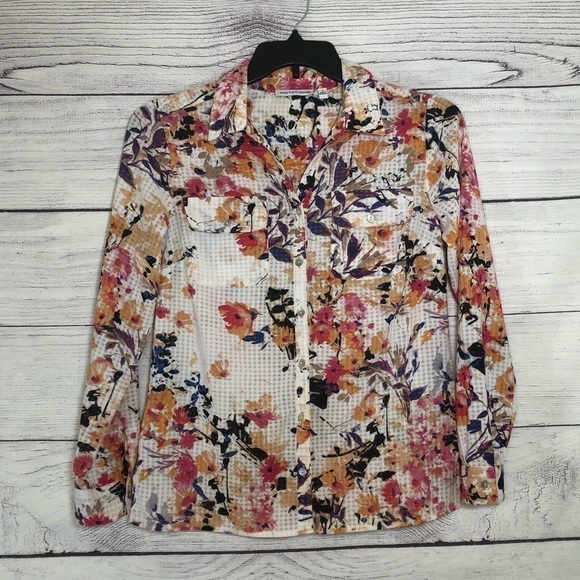 Notations Cream Floral Button-Down Top Sz Sm - Picture 2 of 5
